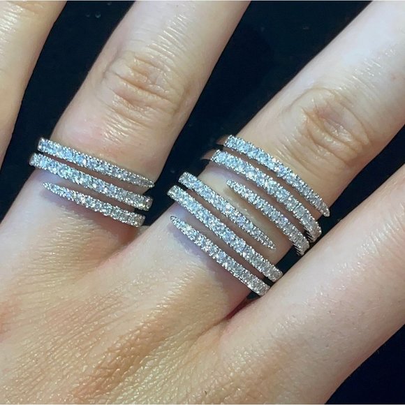 Silver Pave Diamond CZ Spiral Ring, Cubic Zirconia Statement Adjustable Ring - Picture 5 of 5